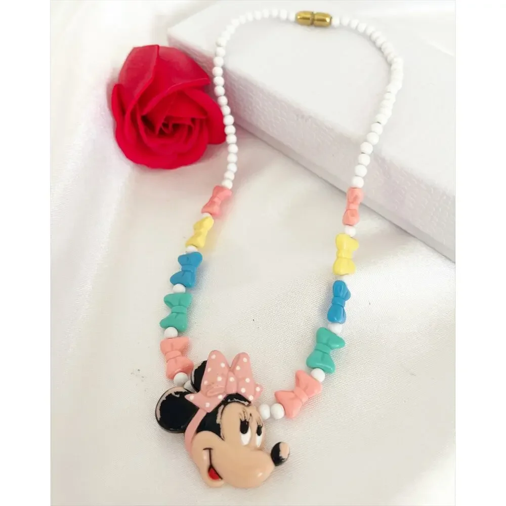 DISNEY Totally Minnie Necklace Pastel Bow Beads Minnie Mouse Charm Vintage 1988